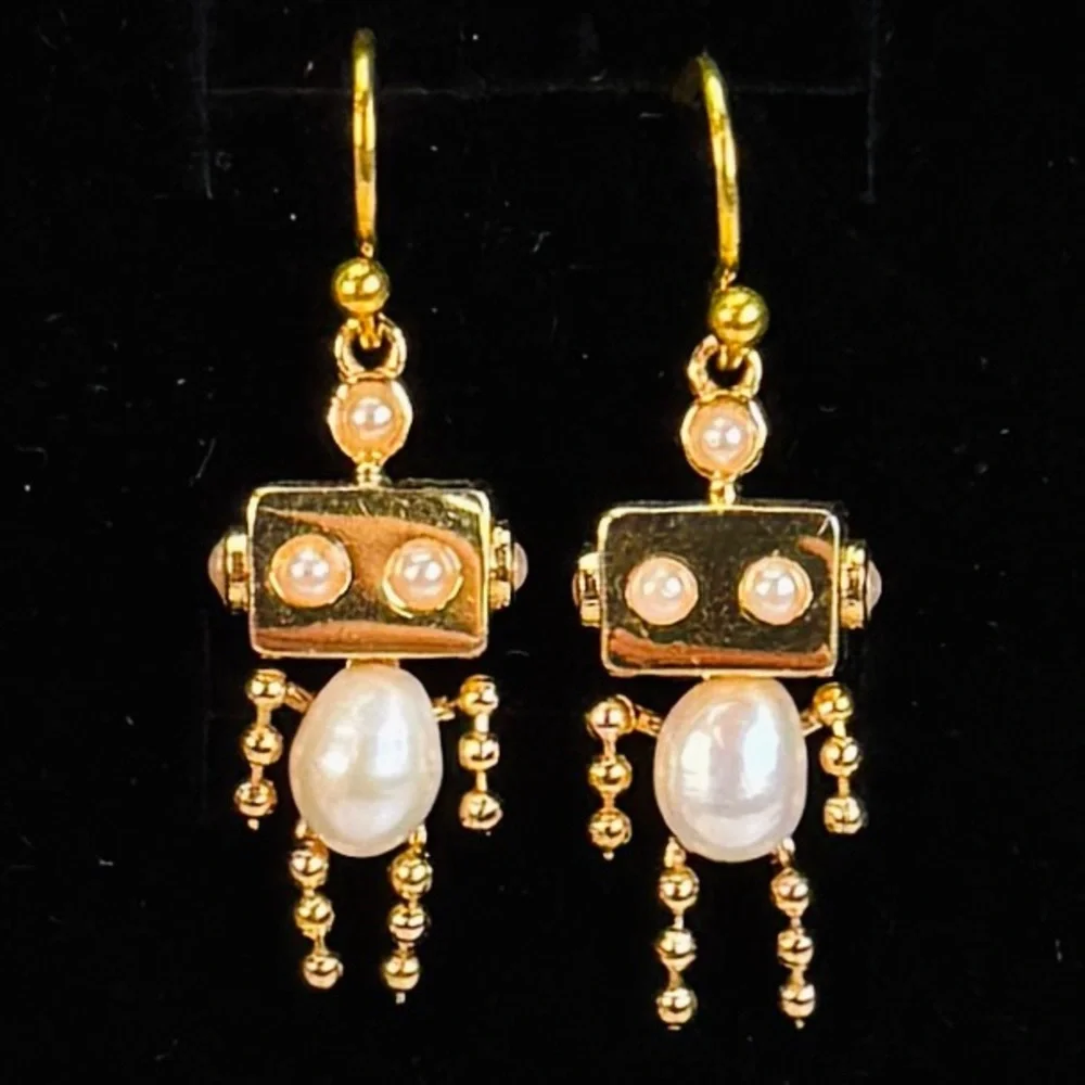 Goldtone Faux Pearl Robot Pierced Earrings